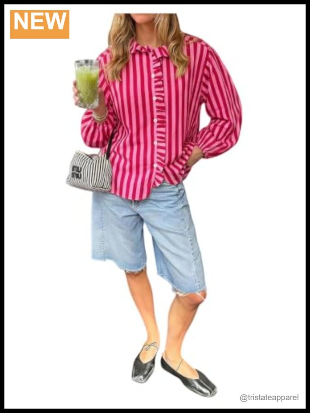 Women's Ruffled Button Down Striped Blouse Long Sleeve Work Top